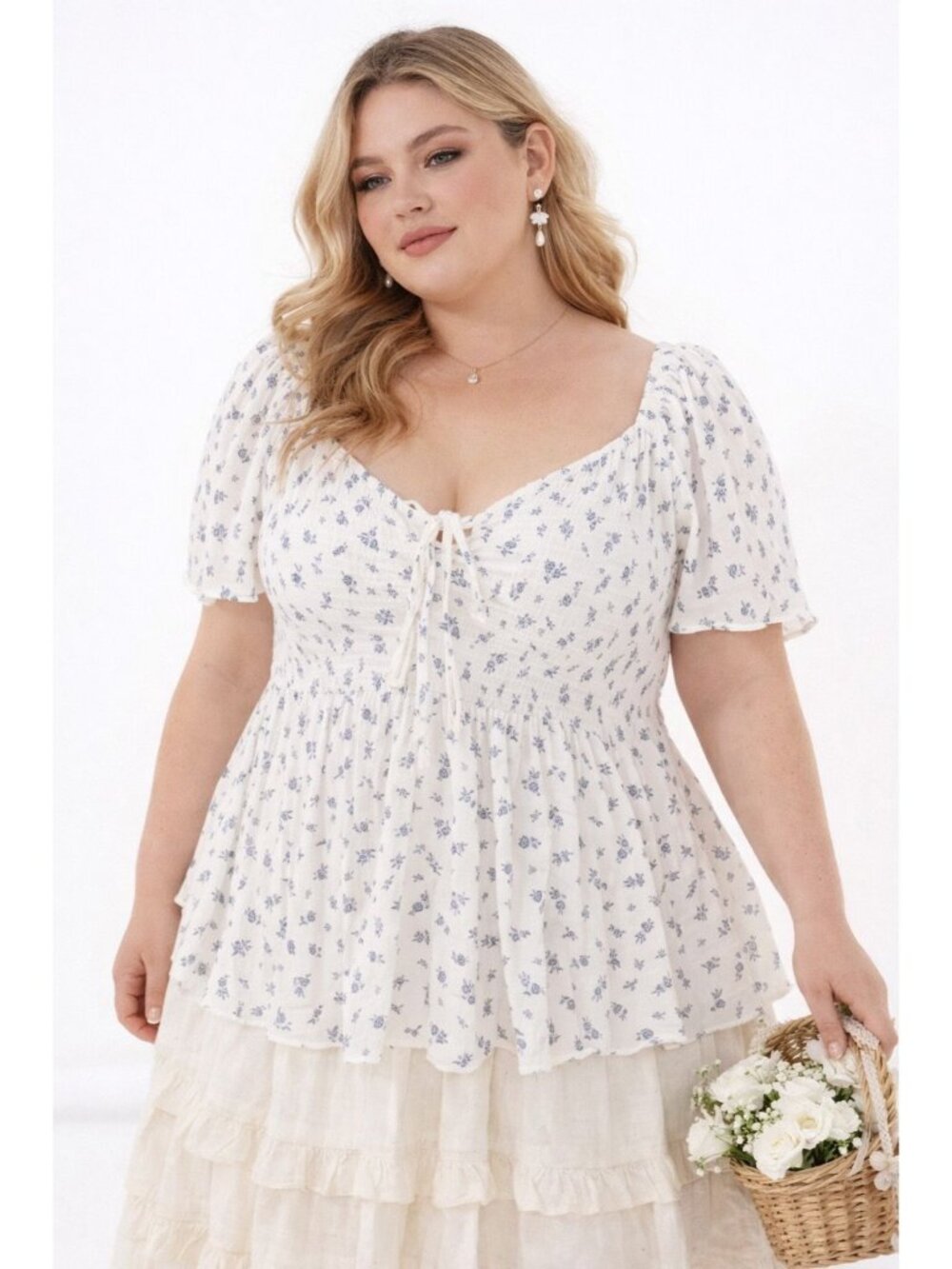 Torrid Floral Smocked Babydoll Top Cottage Core White Blue Plus Size 4X Feminine